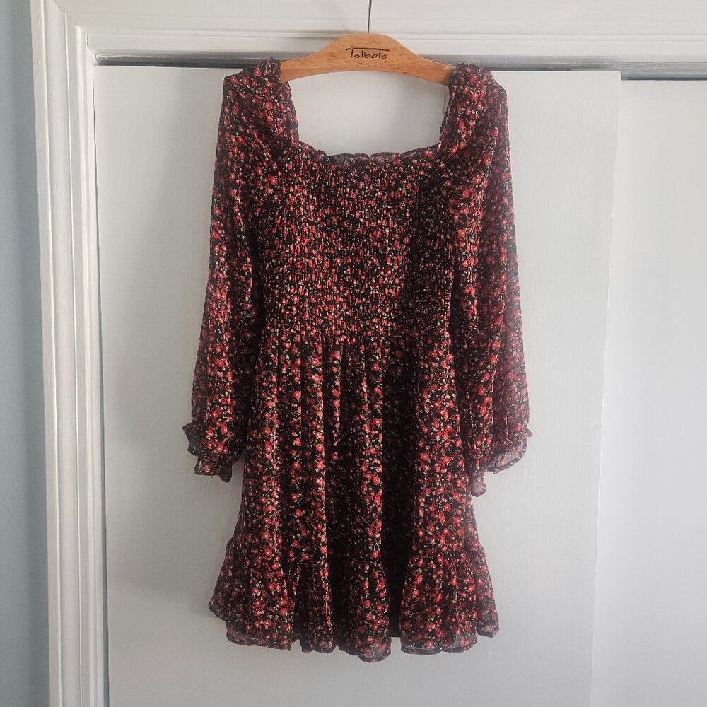 Lily Rose Smocked Black Red Floral Small Mini Dress - Picture 2 of 12